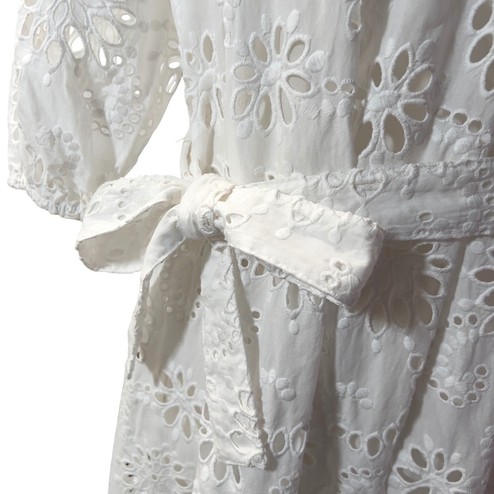 BOSS Dolara Crisp White Cotton Floral Eyelet Belt Midi Dress Slip Lining Size 0 - Picture 6 of 13